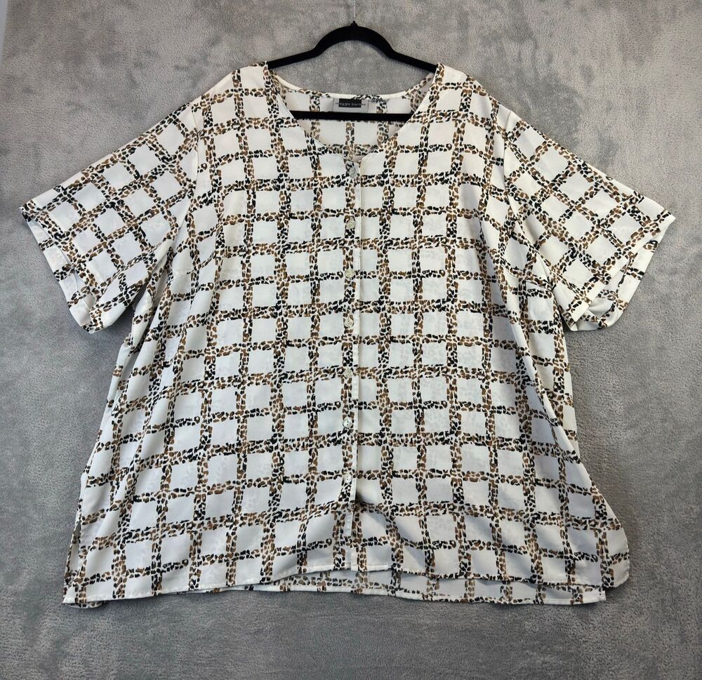 Maggie Barnes Blouse Womens 4X Short Sleeve Button Up Checkered Leopard Shirt